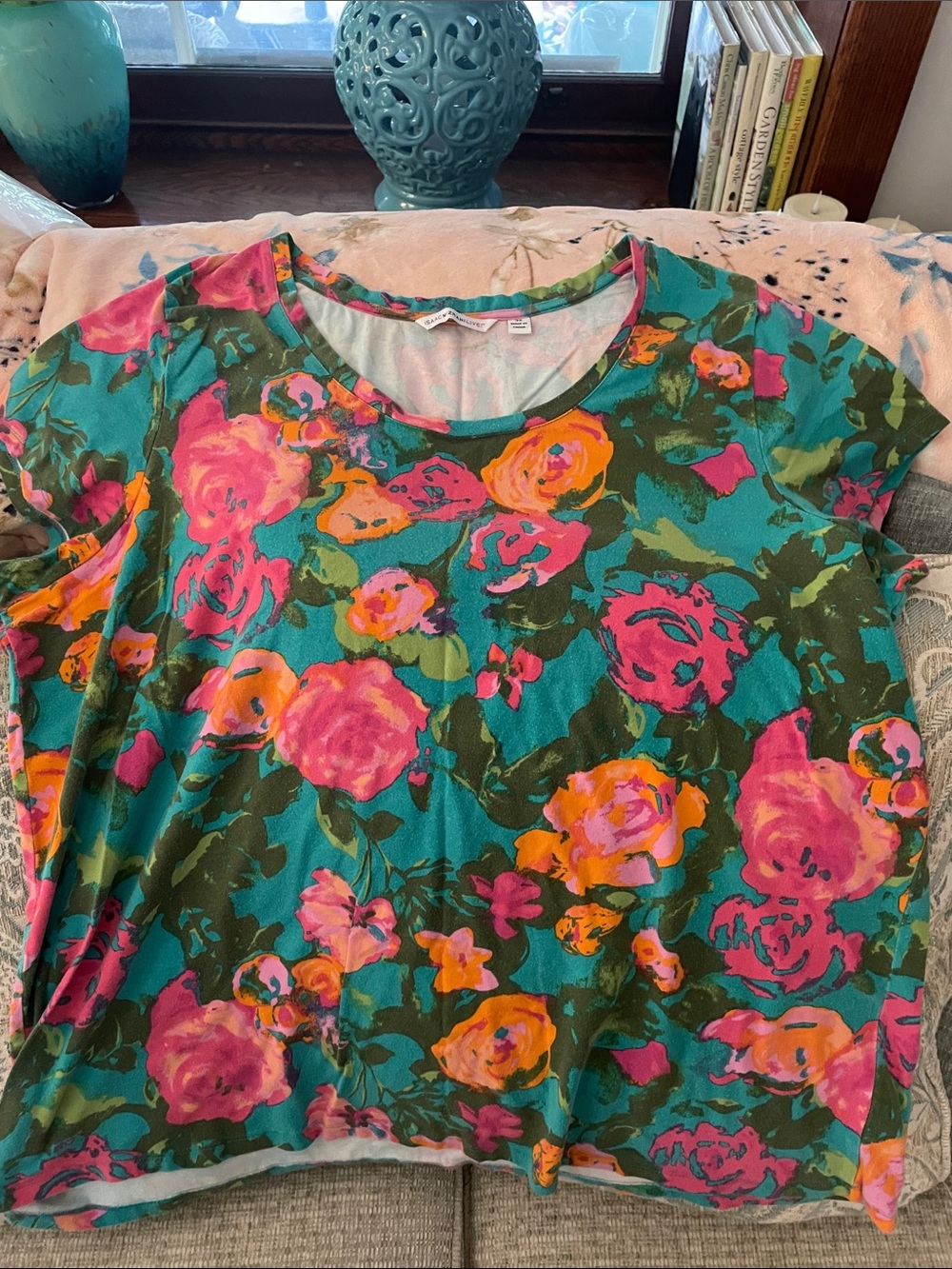 Floral Scoop Neck Tee - Teal with Pink & Orange Flowers 3x